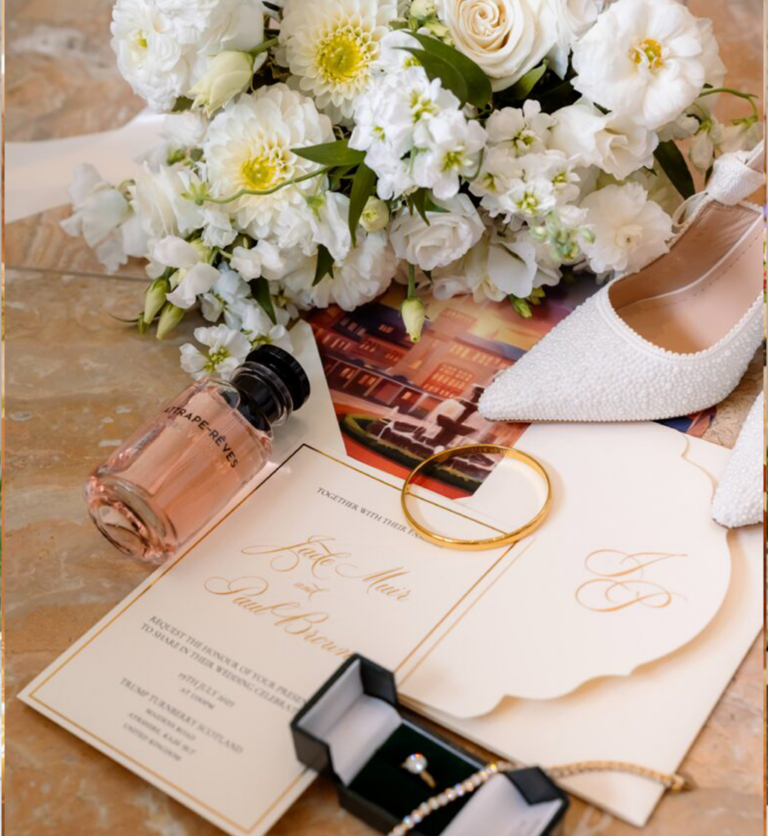 Luxury wedding flat lay with bridal bouquet, stationery, shoes and jewellery styled by Muse Styling Scotland