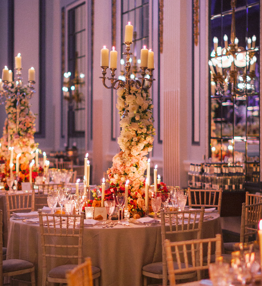 Candlelit wedding reception with tall floral centrepieces at Gleneagles by Muse Styling