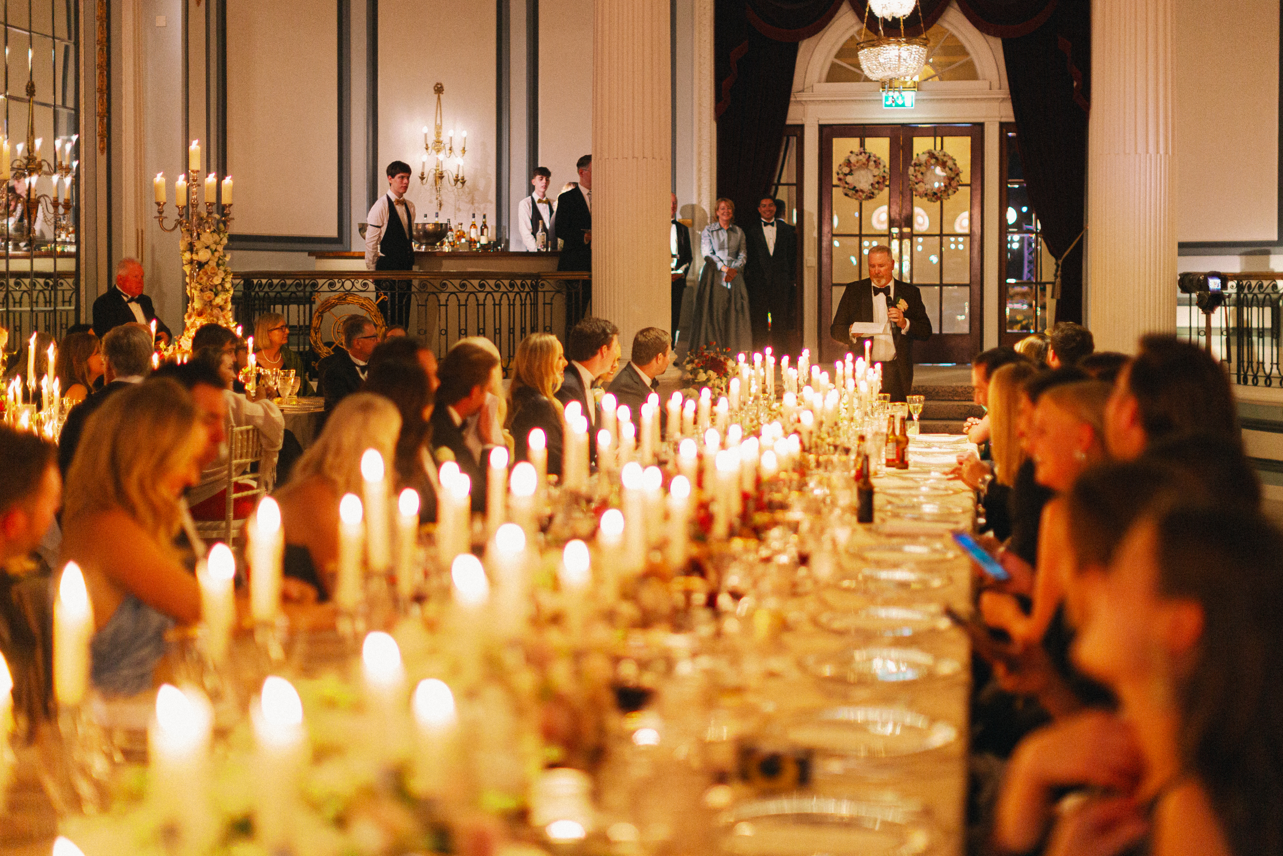 Candlelit wedding dinner with long table styling and speeches at Gleneagles by Muse Styling